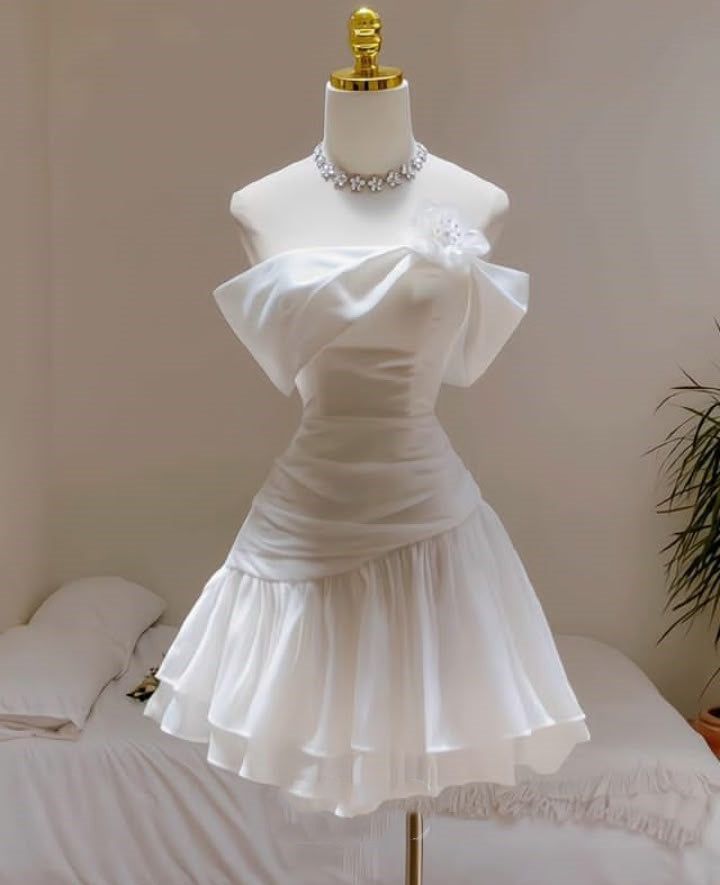 Cute A Line Off The Shoulder White Satin Short Homecoming Dress,Summer 18th Birthday Dress GG4582