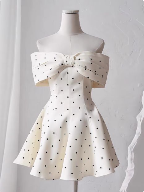 Elegant A Line Off The Shoulder Satin Polka Dots Short Homecoming Dress,Vacation Dress,Summer 18th Birthday Dress GG4603