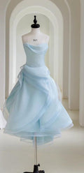Chic A Line Strapless Light Blue Ripple Tulle Short Prom Dress, Homecoming Dress,Evening Dress GG462