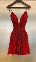 Sparkles A Line Spaghetti Straps Red Sequin Short Homecoming Dress,Vacation Dress,Summer 22th Birthday Dress GG4725