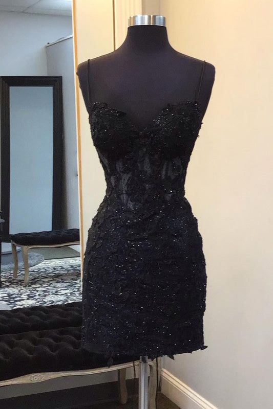 Classy Mermaid Black Sapghetti Straps Satin Beads Short Homecoming Dress,Vacation Dress,Summer 21th Birthday Dress GG4726