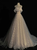 Elegant A Line Spaghetti Straps Light Champagne Tulle Daisy Long Prom Dress,Evening Dress GG477