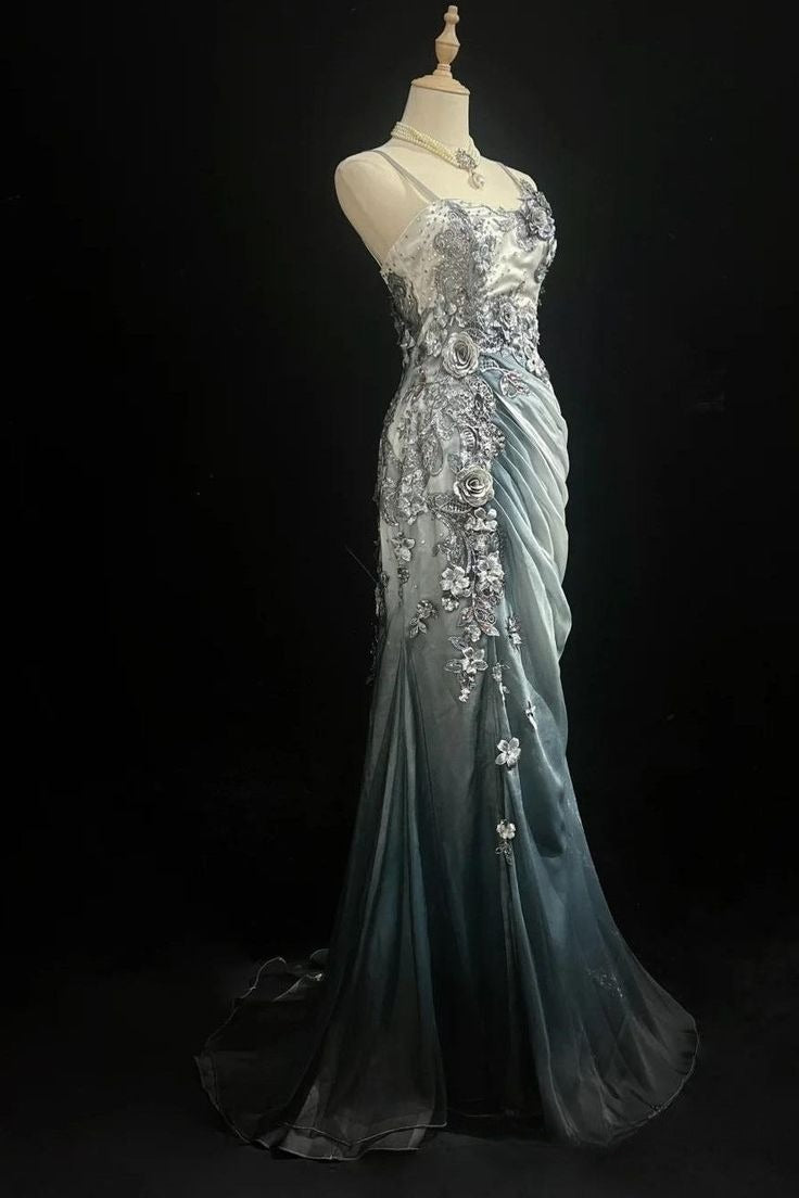 Unique Gorgeous Mermaid Spaghetti Straps Gradient Satin Applique Long Prom Dress,Party Dress,Formal Evening Dress GG4852
