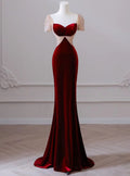 Burgundy Memraid Sweetheart Velvet Short Sleeve Beading Long Prom Dress,Evening Dress GG491