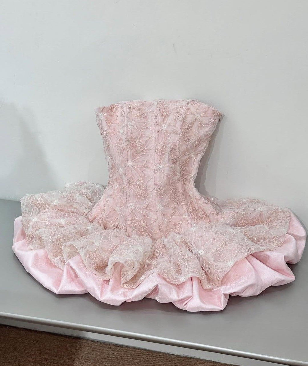 Sweet 16th Pink Ball Gown Strapless Satin Lace Short Homecoming Dress,Vacation Dress,Summer Birthday Dress GG4920