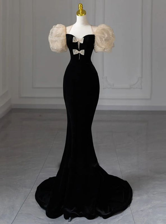 Gorgeous Black Mermaid Sweetheart Velvet Puffy Sleeve Long Prom Dress,Evening Dress GG492