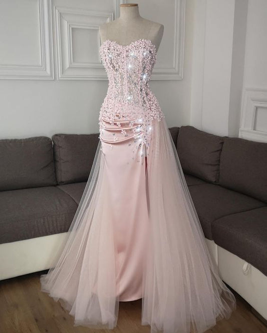 Elegant Pink Mermaid Sweetheart Satin Tulle Applique Slit Long Prom Dress,Party Dress,Formal Evening Dress GG4957