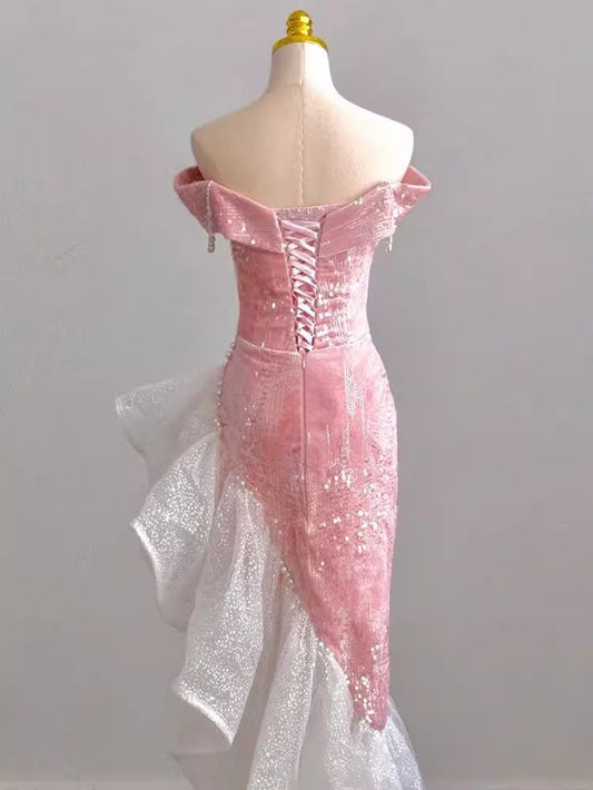 Chic Mermaid Off the Shoulder Pink Satin Pearl Sequin Long Prom Dress,Evening Dress GG497
