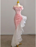 Chic Mermaid Off the Shoulder Pink Satin Pearl Sequin Long Prom Dress,Evening Dress GG497