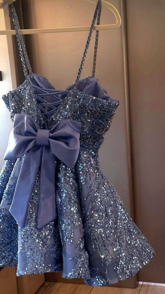 Pretty A Line Spaghetti Straps Sequin Back With Bow Short Homecoming Dress,Vacation Dress,Summer 18th Birthday Dress GG5032