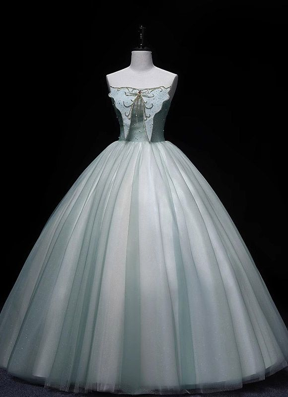 Chic A Line Strapless Tulle Beading Long Prom Dress, Formal Evening Dress GG506