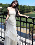 Unique Mermaid Spaghetti Straps Satin Chiffon Tiered Ruffle Long Prom Dress,Evening Dress GG5089