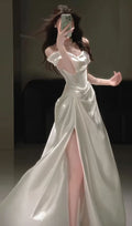 Formal A Line Off The Shoulder Satin Slit Long Prom Dress,Evening Dress GG5107