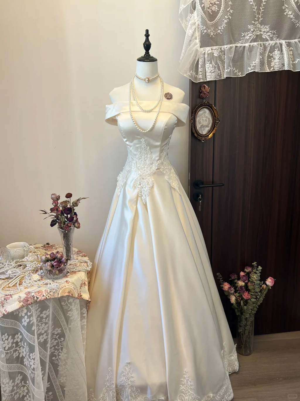 Modest A Line Off The Shoulder Satin Lace Long Prom Dress,Evening Dress GG5126