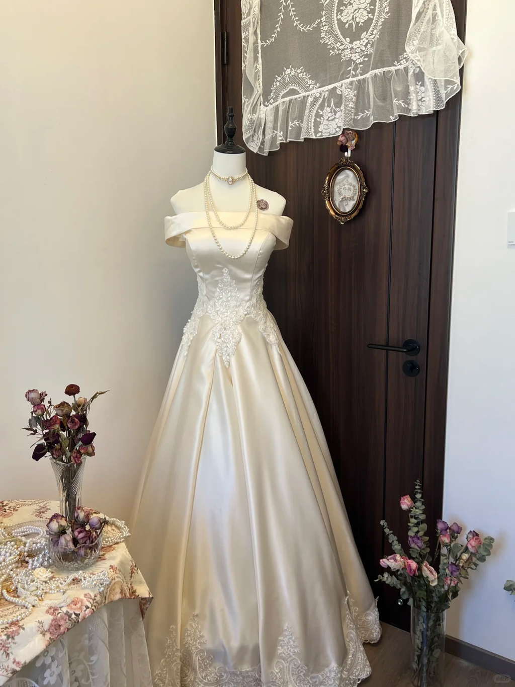 Modest A Line Off The Shoulder Satin Lace Long Prom Dress,Evening Dress GG5126