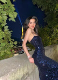 Sparkly Navy Mermaid Spaghetti Straps Sequin Long Prom Dress,Evening Dress GG5186