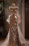 Gold Mermaid Strapless Sequin Tulle Long Prom Dress,Evening Dress GG5196