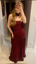 Elegant Mermaid Strapless Burgundy Satin Long Prom Dress,Evening Dress GG5200