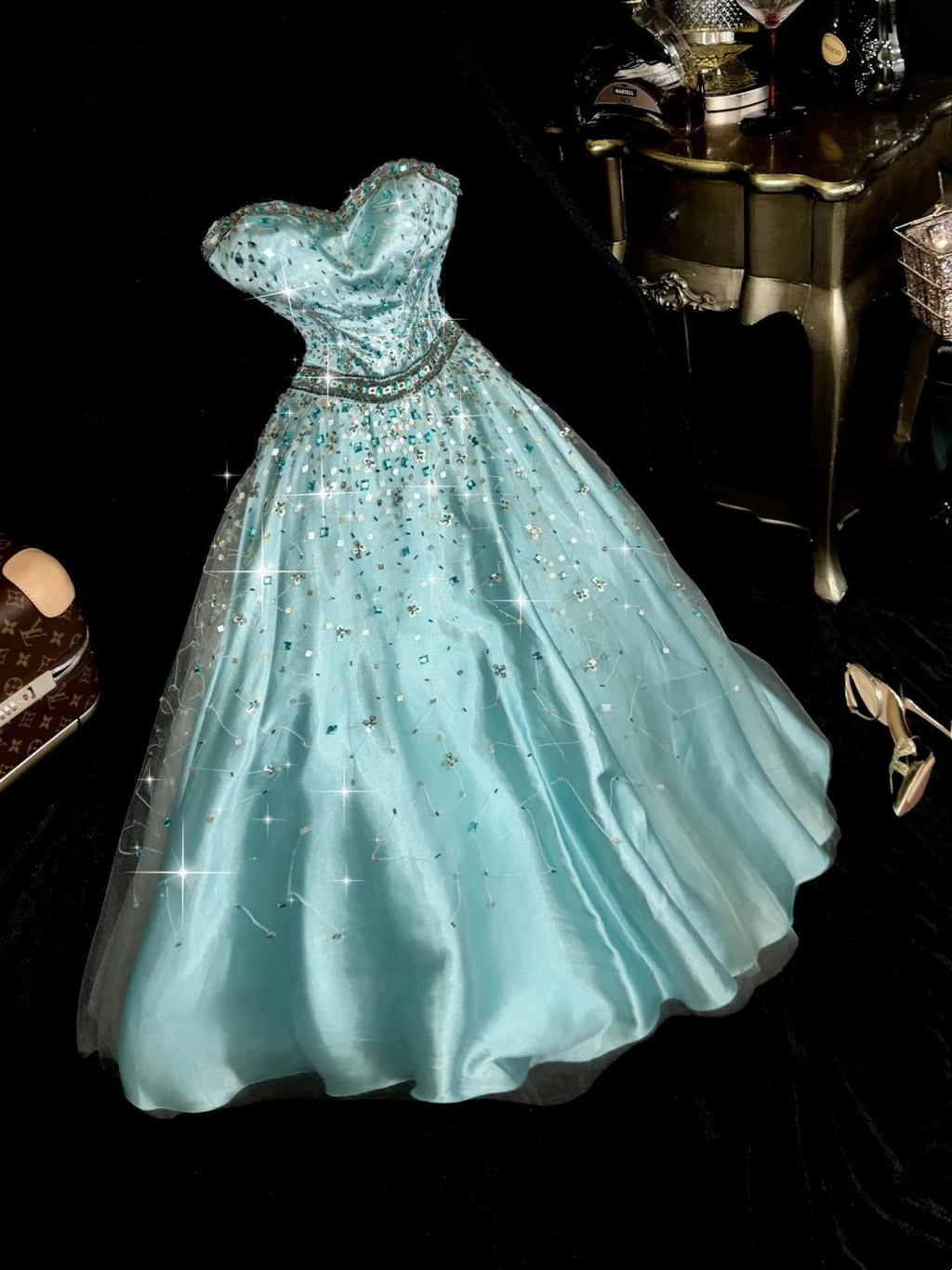 Shiny A Line Sweetheart Satin Tulle Beaded Long Prom Dress,Evening Dress GG5208
