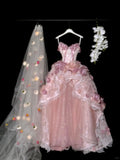 Pretty Ball Gown Spaghetti Straps Satin Tulle Lace Applique Long Prom Dress,Evening Dress GG5213