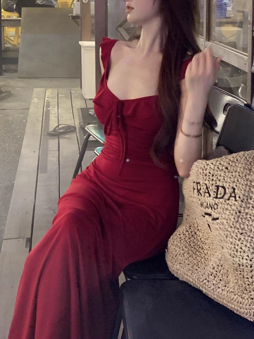 Pretty Mermaid Burgundy Spaghetti Straps Ruffle Neck Satin Long Prom Dress,Evening Dress GG5239