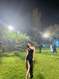 Chic Black Mermaid One Shoulder Hollow Satin Slit Long Prom Dress,Evening Dress GG5261