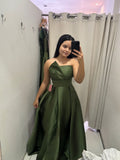 Formal Olive Green A Line Strapless Satin Without Sleeves Long Prom Dress,Evening Dress GG5273