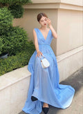 Elegant V Neck Blue A Line Chiffon Without Sleeves Long Prom Dress,Evening Dress GG5279