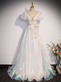 Shiny A Line White V Neck Tulle Puff Sleeve Long Prom Dress,Evening Dress GG529