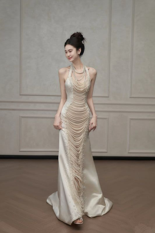 Gorgeous Mermaid Halter Satin Pearls Without Sleeves Long Prom Dress,Evening Dress GG5307