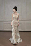 Gorgeous Mermaid Halter Satin Pearls Without Sleeves Long Prom Dress,Evening Dress GG5307