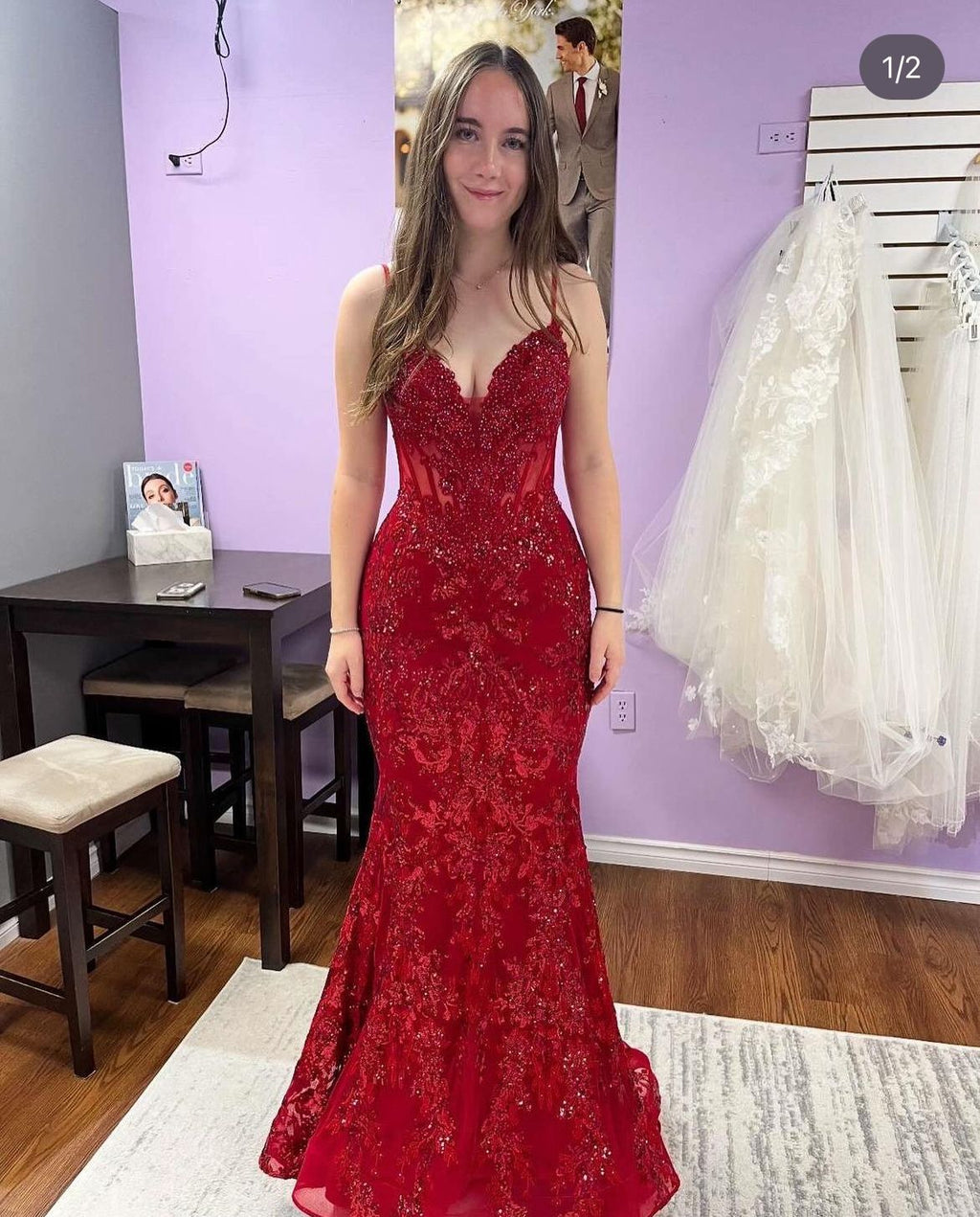 Pretty Burgundy Mermaid Spaghetti Straps Tulle Lace Sequin Without Sleeves Long Prom Dress,Evening Dress GG5314