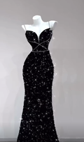 Sparkly Black Mermaid Spaghetti Straps Satin Sequin Beaded Without Sleeves Long Prom Dress,Evening Dress GG5332