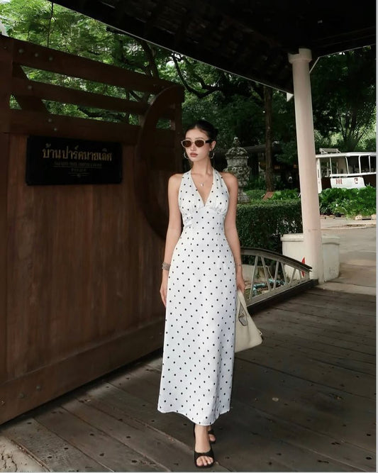 Pretty A Line Halter Satin Polka Dots Without Sleeves Long Prom Dress,Evening Dress GG5339
