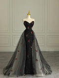 Charming Black Mermaid Strapless Sequin Tulle Without Sleeves Long Prom Dress,Evening Dress GG5341