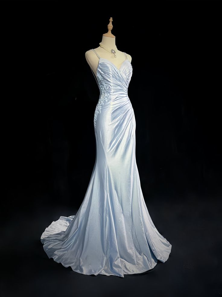 Fashion Style Mermaid Spaghetti Straps Pleated Satin Lace Without Sleeves Long Prom Dress,Evening Dress GG5349