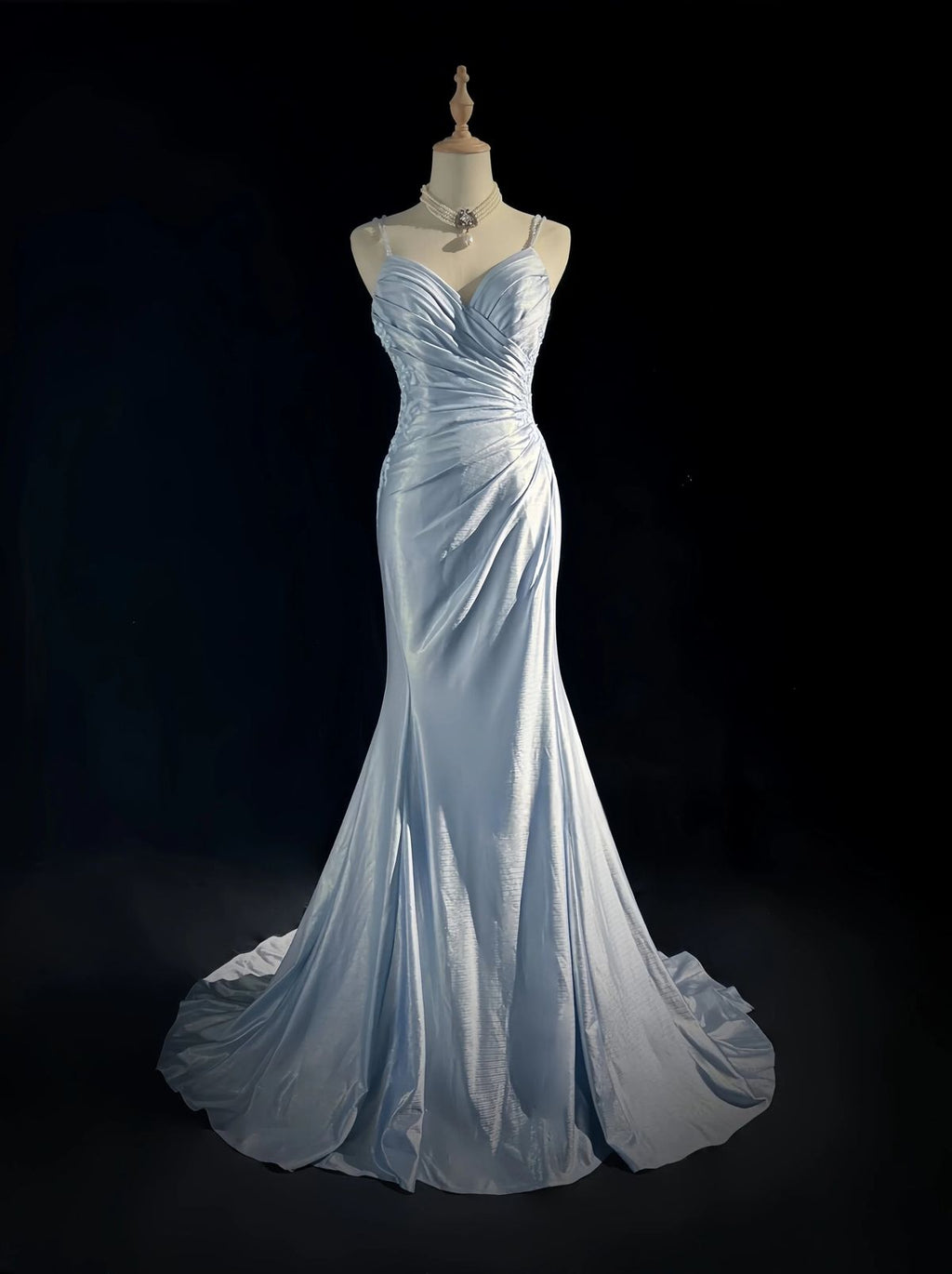 Fashion Style Mermaid Spaghetti Straps Pleated Satin Lace Without Sleeves Long Prom Dress,Evening Dress GG5349