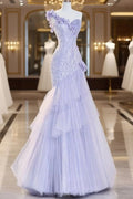 Pretty Lilac Mermaid One Shoulder Tulle Sequin Without Sleeves Long Prom Dress,Evening Dress GG5351