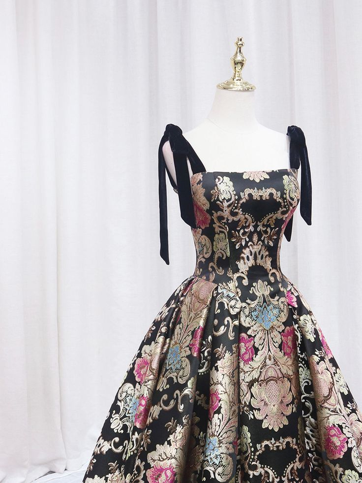 Retro A Line Square Satin Printed Long Prom Dress,Evening Dress GG536