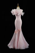 Formal Pink Mermaid Satin Ruffle Tulle Applique Without Sleeves Long Prom Dress,Evening Dress GG5364
