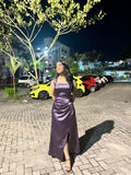 Dusty Purple A Line Pleated Satin Slit Without Sleeves Long Prom Dress,Evening Dress GG5370