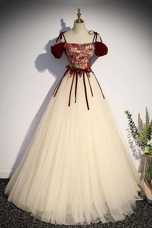 Chic A Line Champagne Tulle Spaghetti Straps Long Prom Dress,Evening Dress GG539