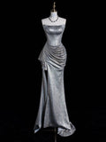 Chic Mermaid Strapless Silver Pleated Satin Slit Without Sleeves Long Prom Dress,Evening Dress GG5391