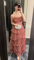 Dusty Pink A Line Strapless Tiered Chiffon Without Sleeves Long Prom Dress,Evening Dress GG5397