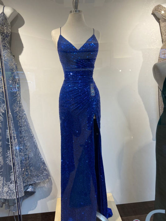 Sparkly Mermaid Spaghetti Straps Royal Blue Sequin Slit Without Sleeves Long Prom Dress,Evening Dress GG5403