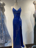 Sparkly Mermaid Spaghetti Straps Royal Blue Sequin Slit Without Sleeves Long Prom Dress,Evening Dress GG5403
