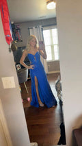 Formal Mermaid Spaghetti Straps Blue Satin Sequin Slit Without Sleeves Long Prom Dress,Evening Dress GG5404