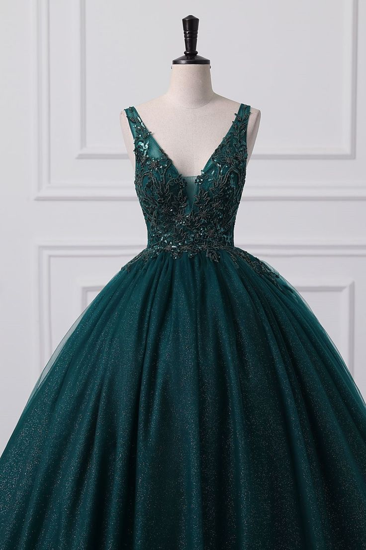Ball Gown V Neck Tulle Sequin Lace Without Sleeves Long Prom Dress,Evening Dress GG5407