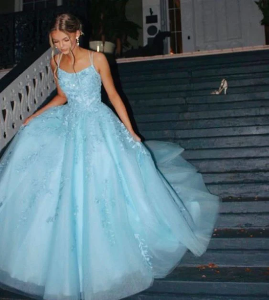 Sweet Ball Gown Spaghetti Straps Tulle Applique Without Sleeves Long Prom Dress,Evening Dress GG5410