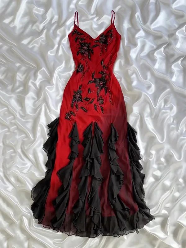 Gorgeous Mermaid Spaghetti Straps Chiffon Ruffle Beaded Without Sleeves Long Prom Dress,Evening Dress GG5434